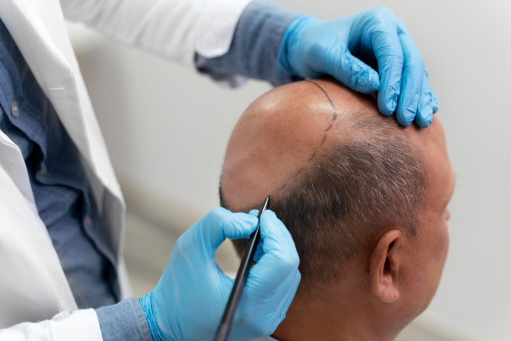 Doctor examining donor area before hair transplant procedure planning.